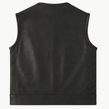 Rear view of the Legendary Neckless Outlaw men's leather motorcycle vest, Made in USA, featuring smooth black leather and clean panel construction