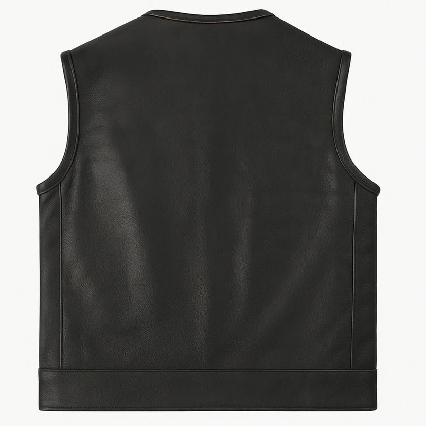 Rear view of the Legendary Neckless Outlaw men's leather motorcycle vest, Made in USA, featuring smooth black leather and clean panel