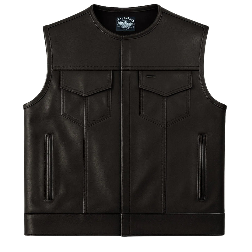 View of the Legendary Neckless Outlaw men's leather motorcycle vest, Made in USA, showing front design with chest pockets and premium black