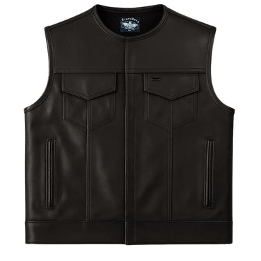 View of the Legendary Neckless Outlaw men's leather motorcycle vest, Made in USA, showing front design with chest pockets and premium black leather