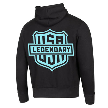 Back view of Legendary black hoodie with bright blue USA Legendary shield design