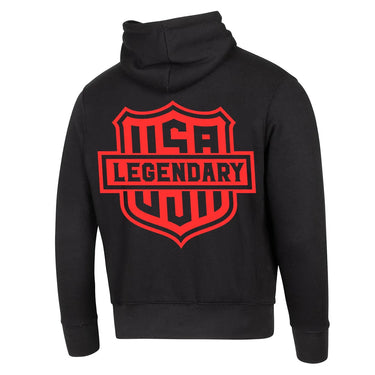 Back view of Legendary black hoodie featuring bold red USA Legendary shield graphic