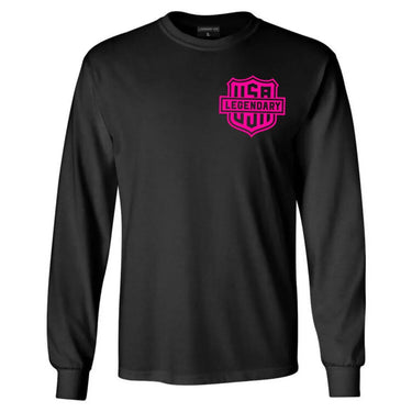 Black long sleeve shirt with hot pink Legendary USA shield logo on chest, made in USA