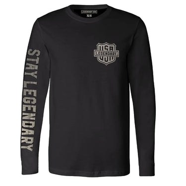 Flat lay of Legendary Night Owl reflective long sleeve riding shirt showing chest and sleeve graphics