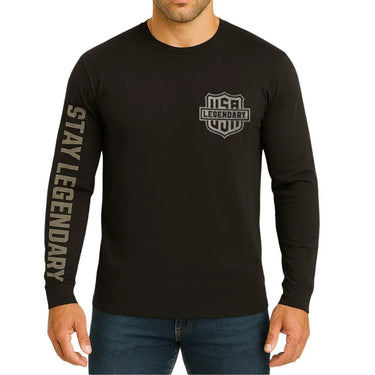 Front view of Legendary Night Owl long sleeve black riding shirt with reflective USA Legendary logo and Stay Legendary text on sleeve