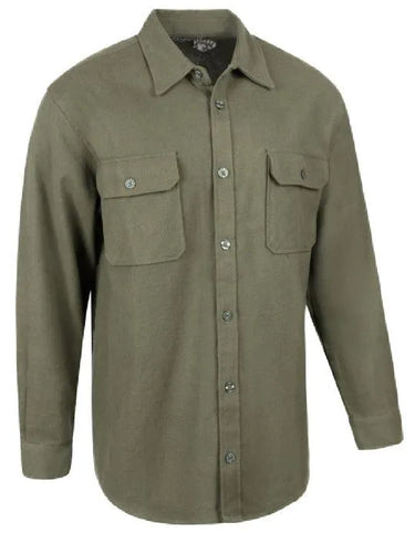 Legendary OG Extra Heavyweight solid olive drab flannel riding shirt with button front and dual chest pockets, made in USA