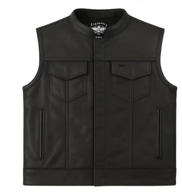 Legendary Outlaw men's leather motorcycle vest front view with snap closure and chest pockets, made in USA
