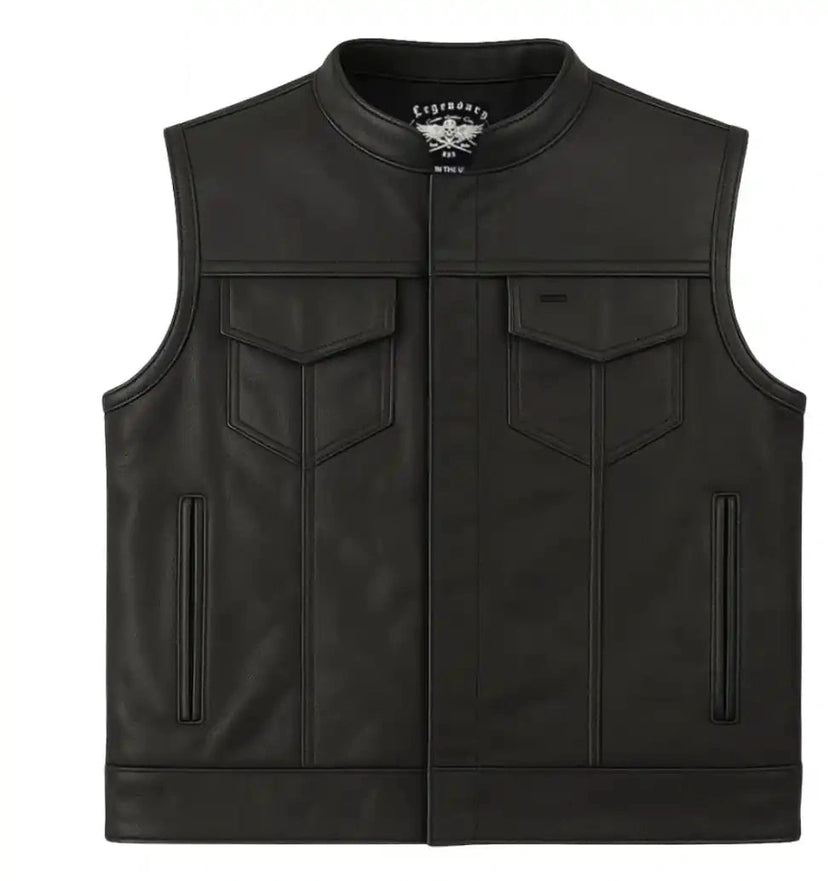 Legendary Outlaw men's leather motorcycle vest front view with snap closure and chest pockets, made in USA