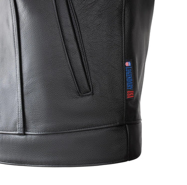 Close-up of Legendary USA Made in USA woven tag on Outlaw men’s leather motorcycle vest