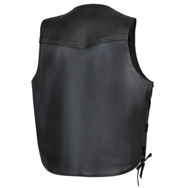Back view of Legendary Peacekeeper men’s vintage leather motorcycle vest with classic yoke and side lace adjustment, made in USA