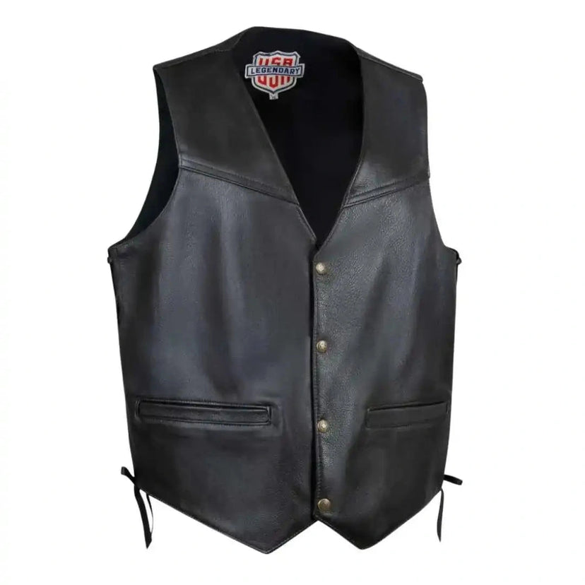 Legendary Peacekeeper men's vintage leather motorcycle vest front view with snap button closure and gun pockets, made in USA