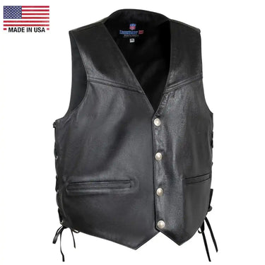 Angled front view of Legendary 'Peacemaker' men's leather motorcycle vest featuring buffalo nickel snaps and clean western styling, Made in USA