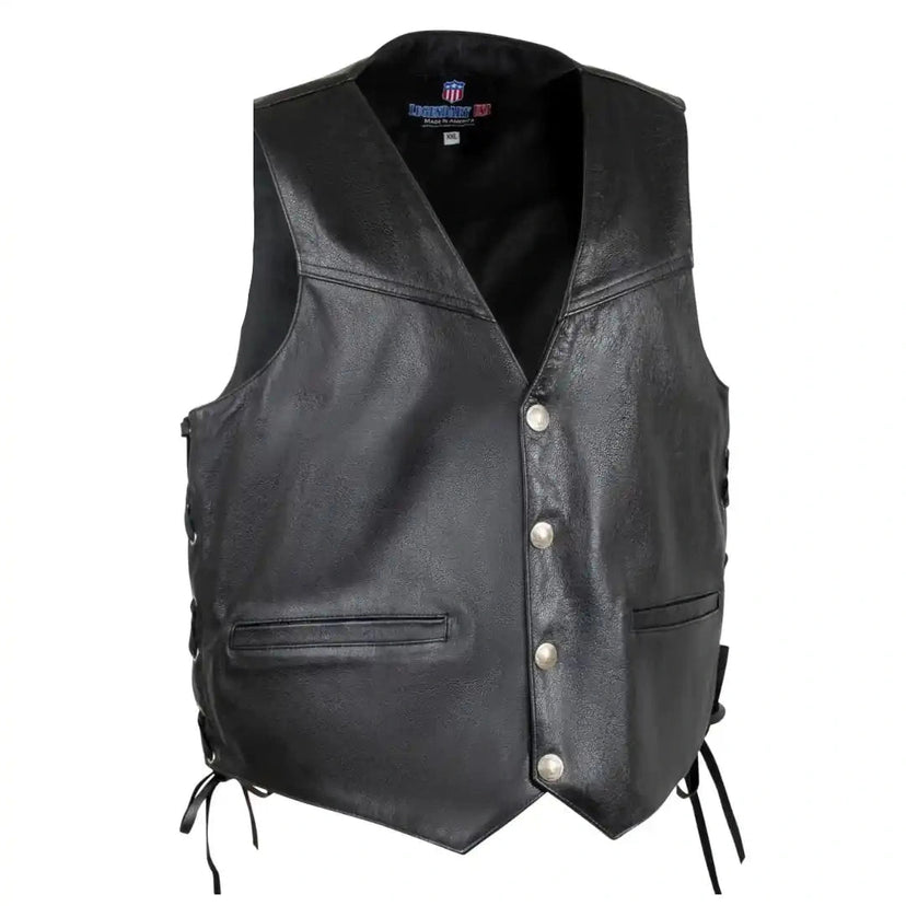 Angled front view of Legendary 'Peacemaker' men's leather motorcycle vest featuring buffalo nickel snaps and clean western styling, Made in USA