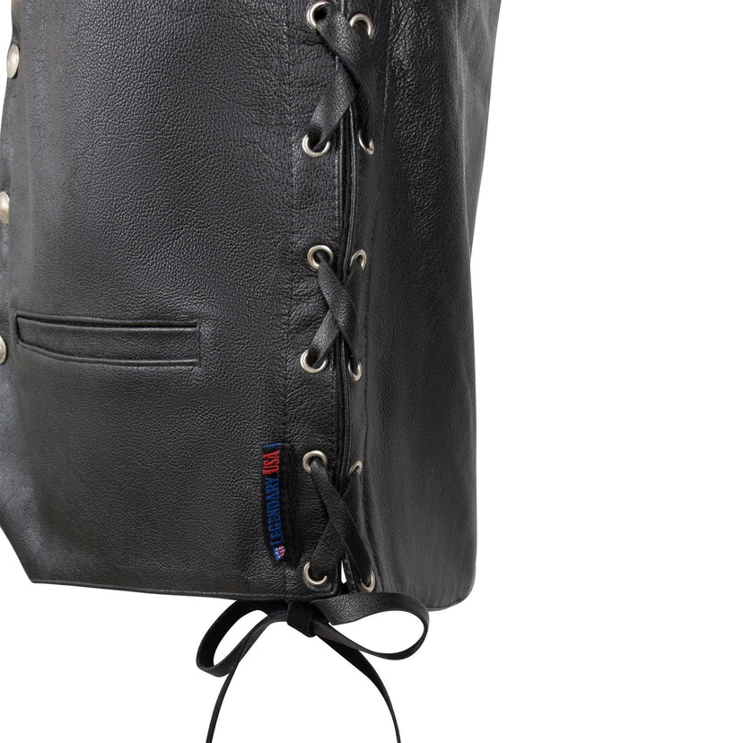 Close-up of side lacing and Legendary USA tag on the Peacemaker men's leather vest, Made in USA