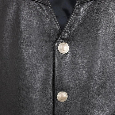 Close-up of rear yoke stitching on Legendary Peacemaker men's leather vest, Made in USA