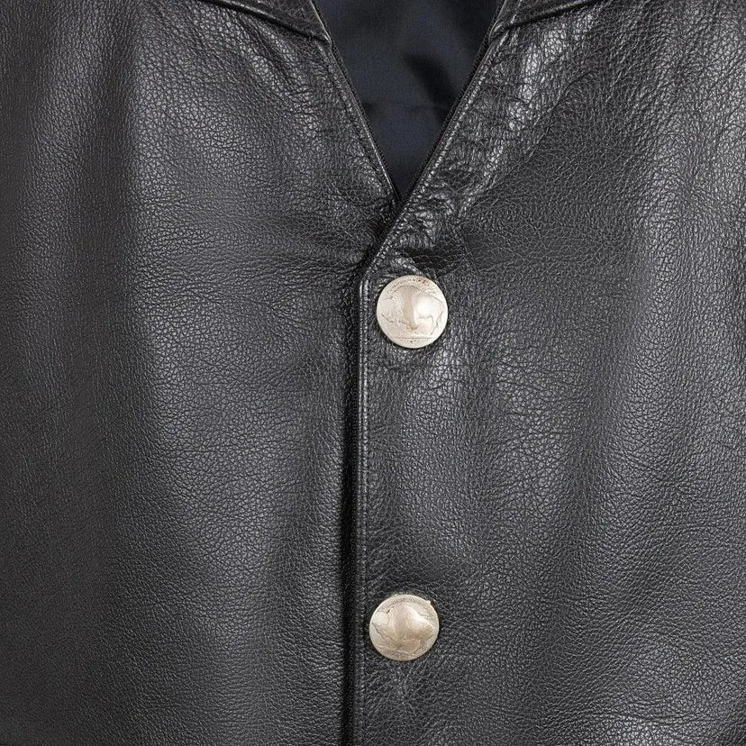 Close-up of rear yoke stitching on Legendary Peacemaker men's leather vest, Made in USA