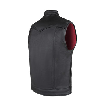 Rear angled view of the Legendary USA Reaper vest with western-style yoke and red lining, made in USA