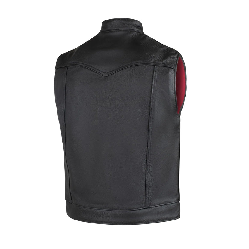 Alternate rear angle of the Reaper leather motorcycle vest highlighting black leather and red interior, made in USA