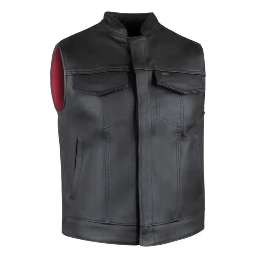 Legendary USA Reaper Club Style men's leather motorcycle vest with black finish, snap and zipper closure, made in USA