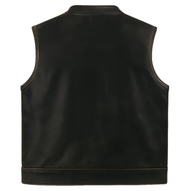 Back view of Legendary Reckless Outlaw men’s aged leather motorcycle vest with clean single-panel back, made in USA
