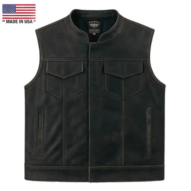 Legendary Reckless Outlaw men’s aged leather motorcycle vest front view with snap closure and chest pockets, made in USA
