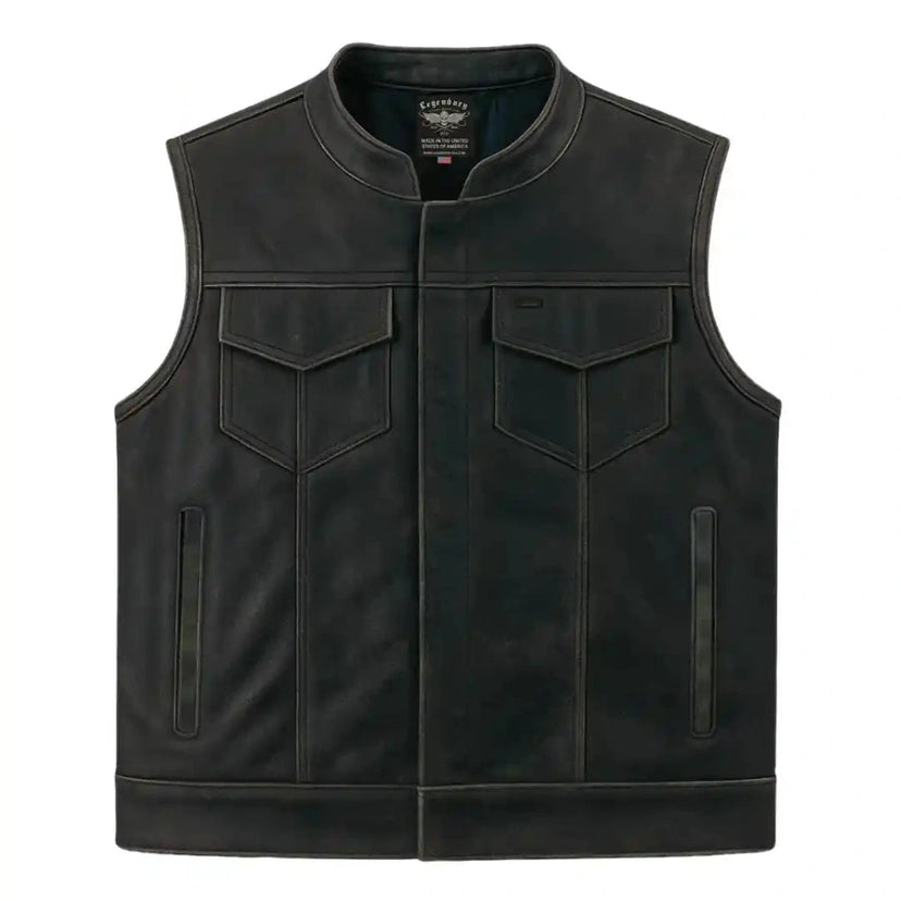 Legendary Reckless Outlaw men's aged leather motorcycle vest front view with snap closure and chest pockets, made in USA