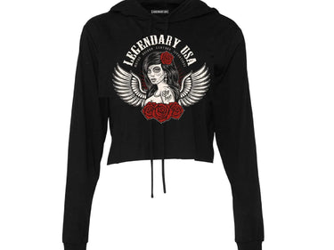 Front view of Legendary USA Stay True women's cropped lightweight hoodie with tattooed pinup and wings graphic on black fabric, made in USA