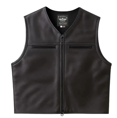 Fitted club-style leather motorcycle vest front view with zip closure and dual chest pockets – Legendary USA, made in USA
