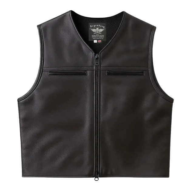 Fitted club-style leather motorcycle vest front view with zip closure and dual chest pockets – Legendary USA, made in USA
