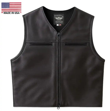 Fitted club-style leather motorcycle vest front view with zip closure and dual chest pockets – Legendary USA, made in USA