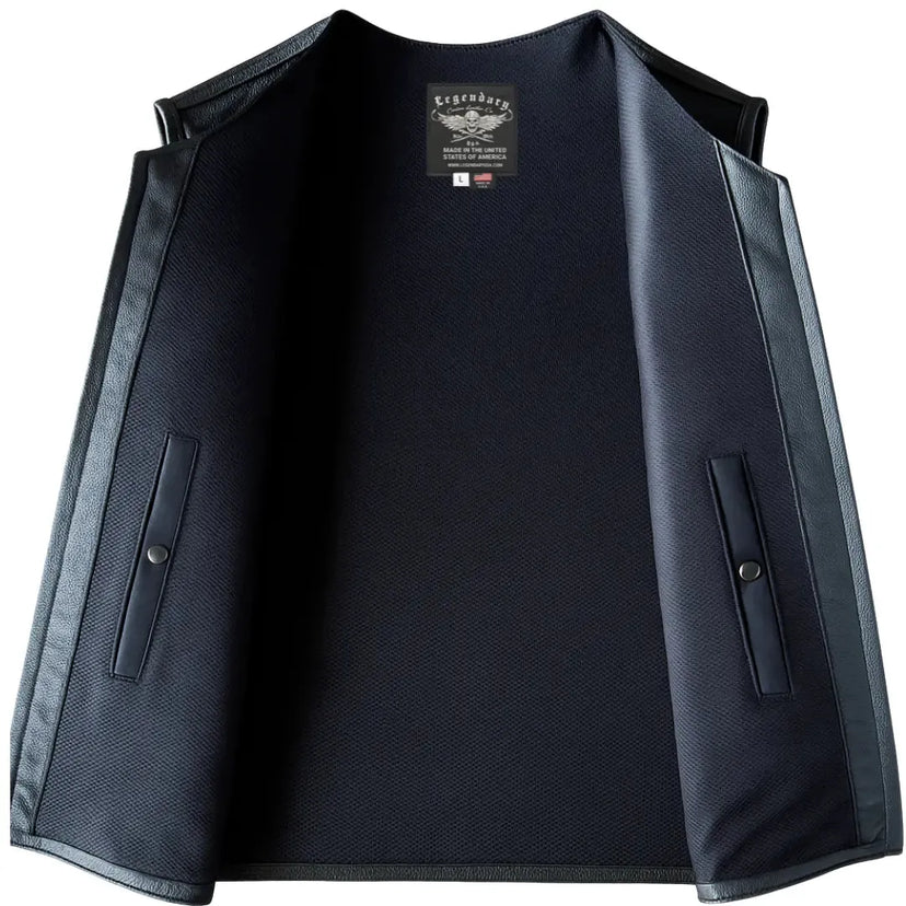 Interior mesh lining and inner snap pockets of Legendary Beatdown leather motorcycle vest – made in USA