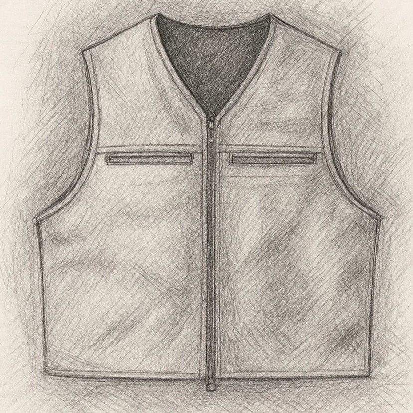 Pencil sketch illustration of Legendary Beatdown leather motorcycle vest – front view – made in USA