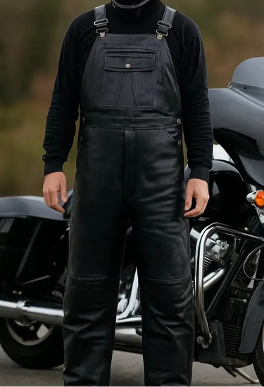 Person wearing black leather overalls helmet standing next to a motorcycle