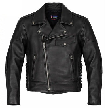 Front-facing shot of Men's Legendary black leather motorcycle jacket, shown on plain studio background