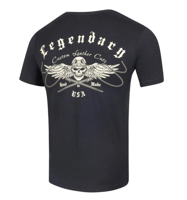 Back view of the Legendary USA Custom Leather Cuts Motorcycle T-Shirt with large skull and wings graphic – made in U