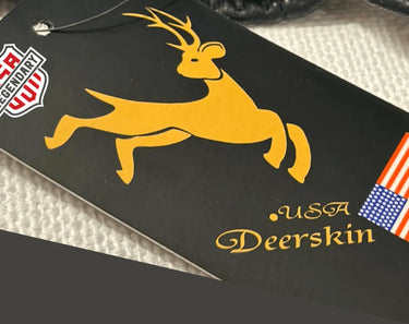 Legendary USA Deerskin hangtag with Made in USA flag branding, premium product detail