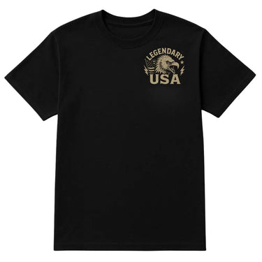 Front of Legendary USA black t-shirt with metallic gold eagle logo on left chest, made in USA