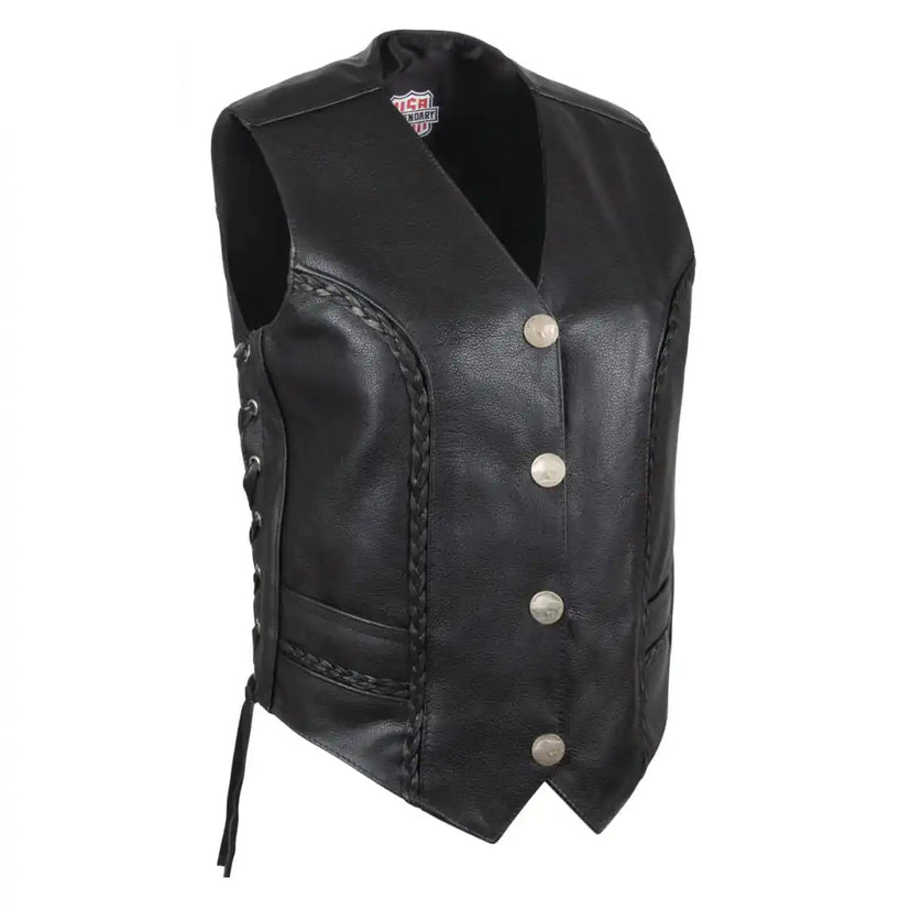 Legendary Vikla Chikla women’s leather motorcycle vest with braided accents and buffalo nickel snap buttons, made in USA