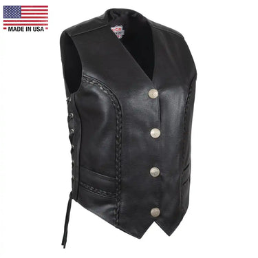 Legendary Vikla Chikla women’s leather motorcycle vest with braided accents and buffalo nickel snap buttons, made in USA