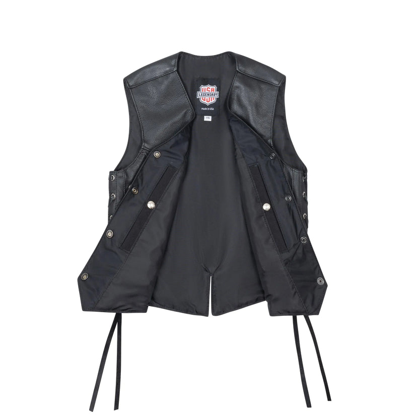 Interior view of Legendary Vikla Chikla women’s leather vest with concealed carry pockets and durable lining, made in USA
