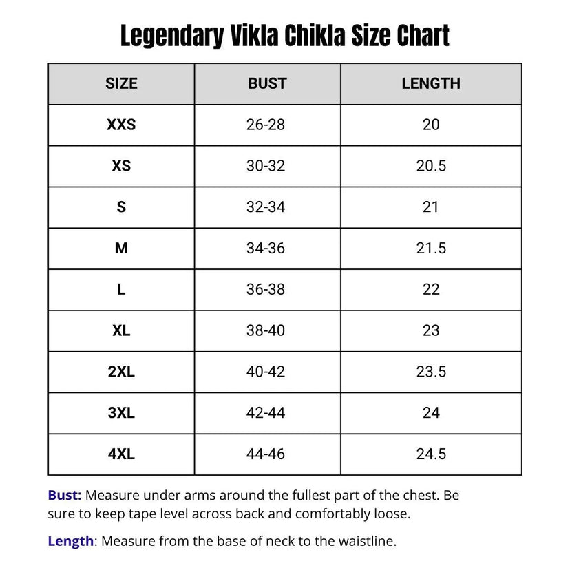 Size chart for Legendary Vikla Chikla leather motorcycle vest with bust and length measurements, made in USA