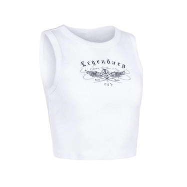 Women's baby ribbed cropped tank top in white with Legendary Custom Leather Cuts logo on front, made in USA