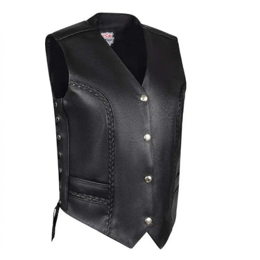 Front angled view of Legendary Women's Leather Motorcycle Vest with braided trim and snap closure, Made in USA