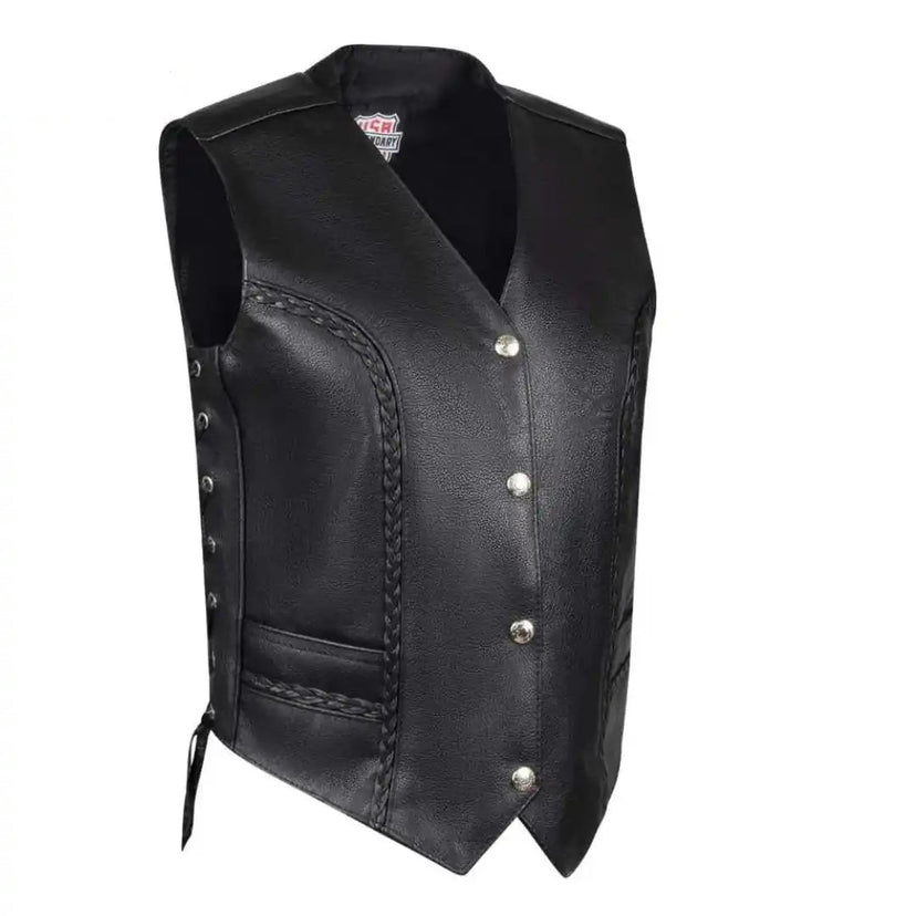 Front angled view of Legendary Women's Leather Motorcycle Vest with braided trim and snap closure, Made in USA