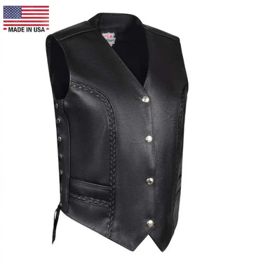 Front angled view of Legendary Women's Leather Motorcycle Vest with braided trim and snap closure, Made in USA