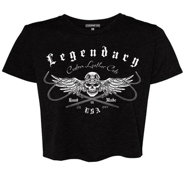 Front view of the Legendary USA Women’s Chill Out Biker Chick Shirt in black with white winged skull biker graphic, Made in USA