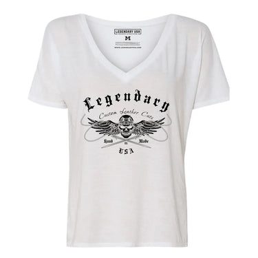 Front view of the Legendary USA Women's Chill Out Biker Chick Shirt in white with skull wing graphic and gothic lettering, Made in USA