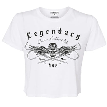 Front product view of white Legendary Chill Out Biker Chick shirt with black winged skull graphic and script text