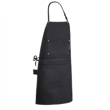 Legendary Work Horse heavy denim apron in black with adjustable neck strap and utility pockets, made in USA