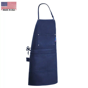 Legendary Work Horse heavy denim apron in indigo blue with adjustable neck strap and utility pockets, made in USA